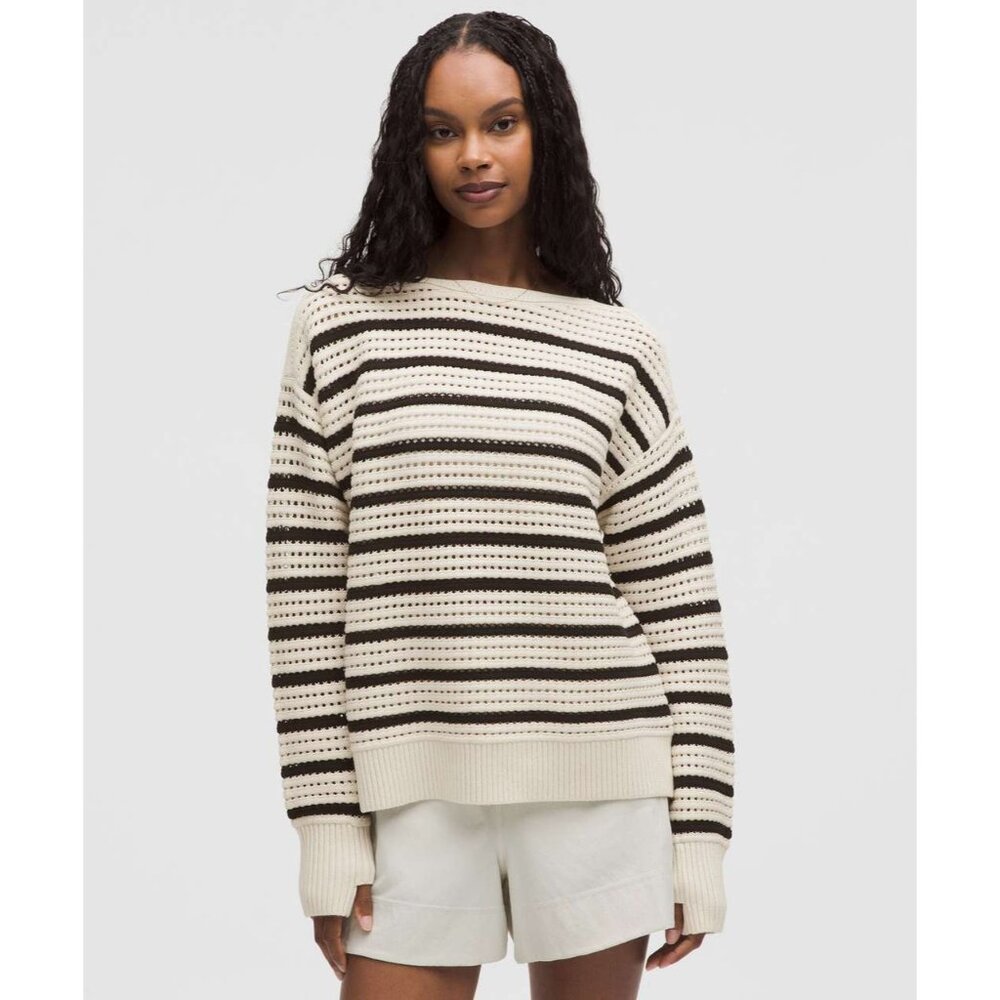BNWT Lululemon Cotton Crochet Pullover Sweater Light Ivory/Black Size L